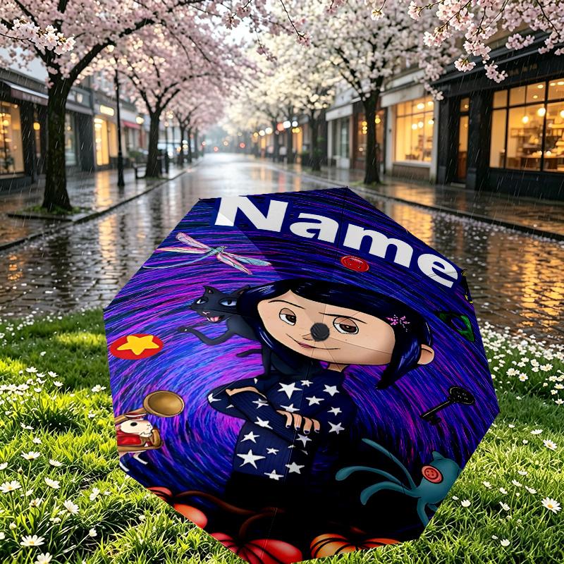 Custom Name Personalized Coraline Print Umbrella, Auto Open Close, 8‑Rib Sturdy Frame, Commute Camping Hiking Use, Birthday Gift