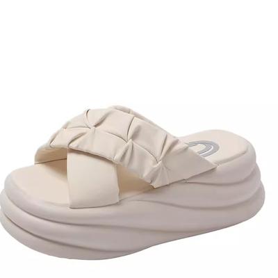 Модные женские туфли на толстом каблуке 7 см, с открытым носком, сандалии из кожи на высокой платформе, женские, новинка 2024 года, летние пляжные шлепанцы с толстой подошвой