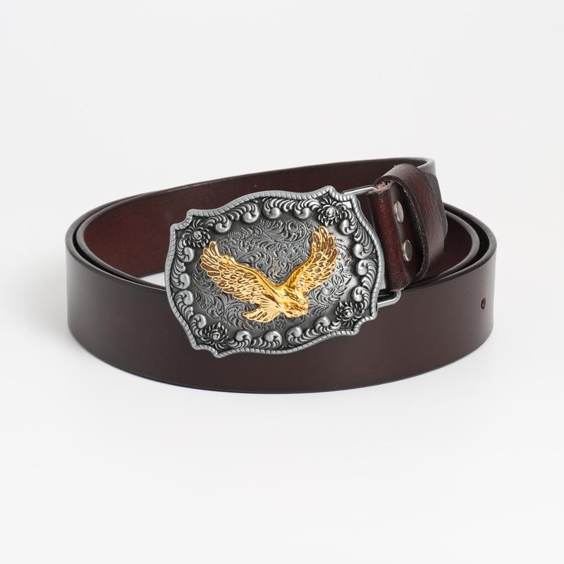 Vintage Cowhide Leather Eagle Belt - Western Cowboy Style for Youth & Stylish Guys