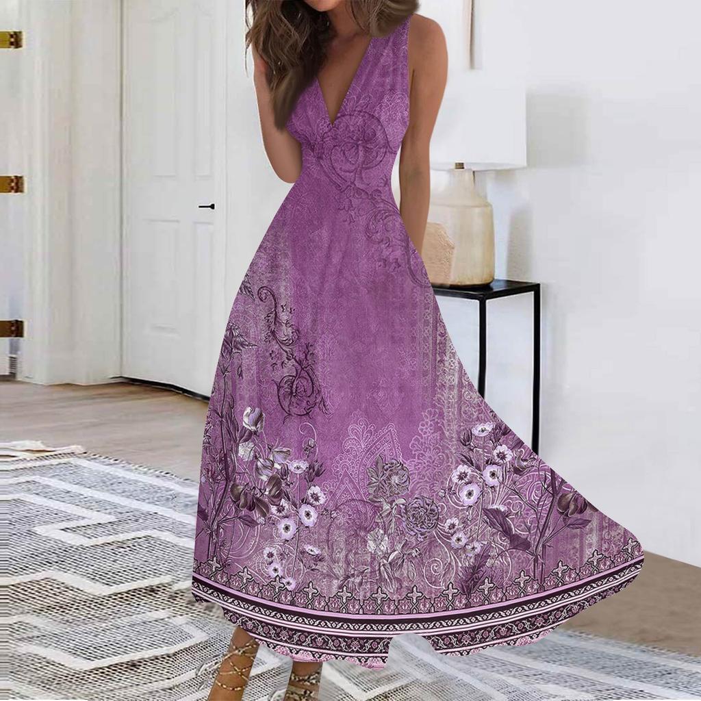 Женские модные повседневные свободные платья с V-образным вырезом без рукавов с принтом