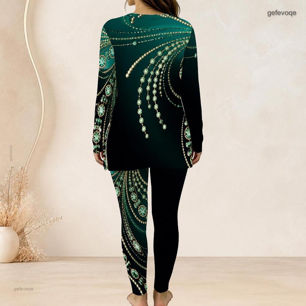 Women Plus Size Printed Light Purple Half Zip Long Sleeve Longline Top Fitted Pants Two Piece Set