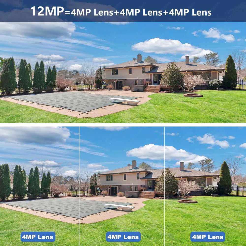 12-мегапиксельная 6K HD внешняя WiFi IP-камера для улицы с 8-кратным зумом, тремя объективами, двумя экранами, функцией автоматического слежения, защитой, видеонаблюдением, приложением iCSee
