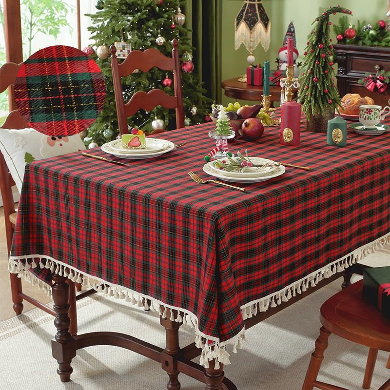 Festive Christmas Tablecloth With Gold Thread Red Plaid Tassels Decor Cotton Blend Rectangular Dining Table