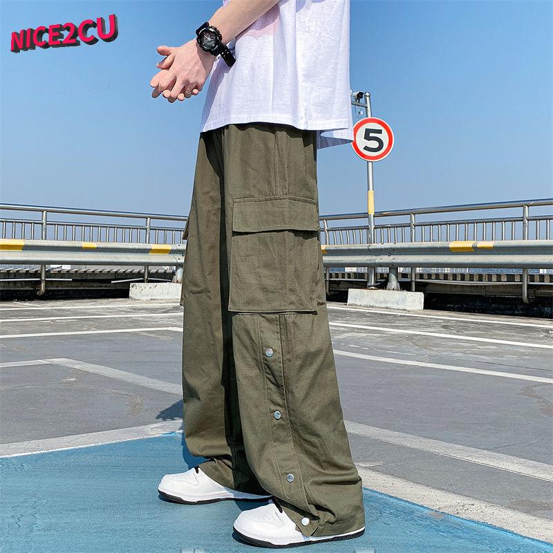 Лето 2023, новые трендовые мужские широкие брюки-карго, корейская уличная одежда, повседневные дизайнерские спортивные штаны большого размера с пуговицами для подростков