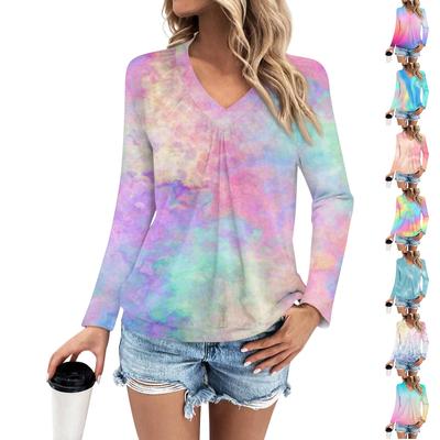 Женская мода V-образный вырез плиссированный градиентный принт повседневный длинный рукав