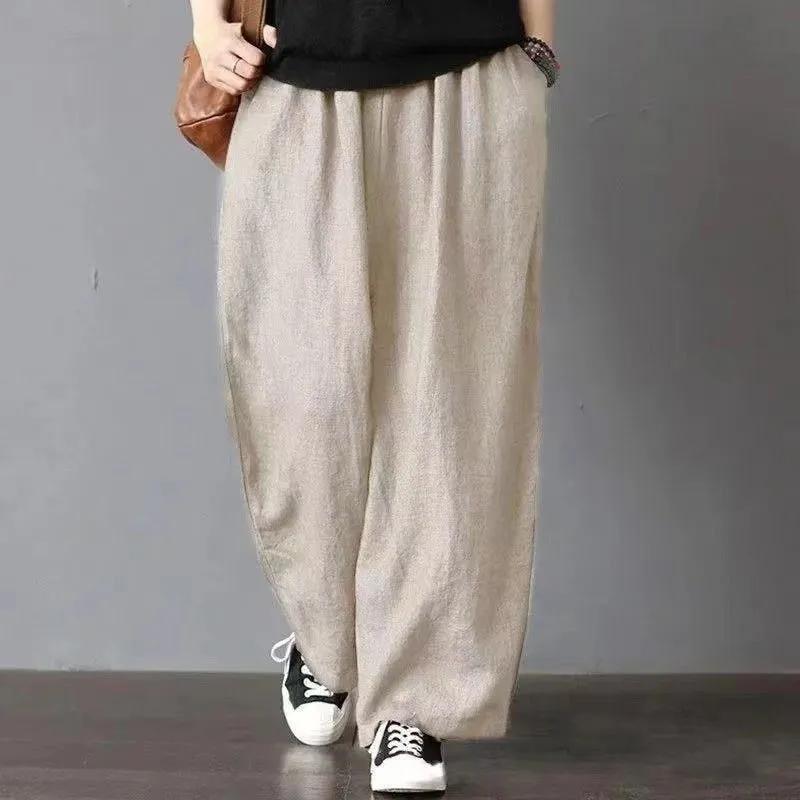 Summer Women's Oversize Casual Cotton Linen Bloomers Pants Women Baggy Vintage Harem Trousers High Waist Sweatpant