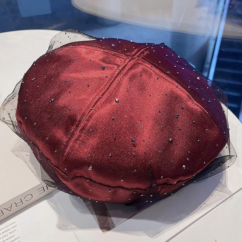 New rhinestone mesh beret women's spring autumn and winter fashion versatile face small painter hat hollow knitting