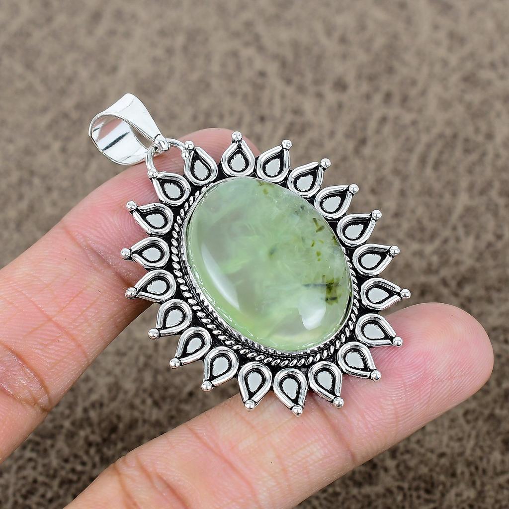 Prehnite Gemstone Handmade 925 Sterling Silver Jewelry Pendant 2.29" KKG-720