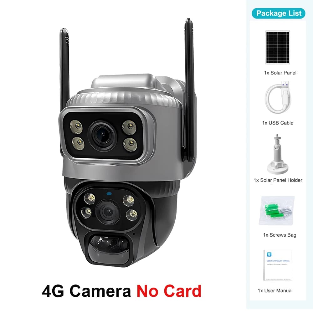 8MP 4K Солнечная камера Двойной объектив Двойной экран 4G/Wi-Fi Открытый водонепроницаемый PIR Обнаружение человека Ночное видение Сигнализация Запись монитора видеонаблюдения