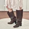 Retro Pleated Autumn Winter Women's Fashion Boots Belt Buckle Long Boots Flat Heel Round Toe Women's Boots Roman Style