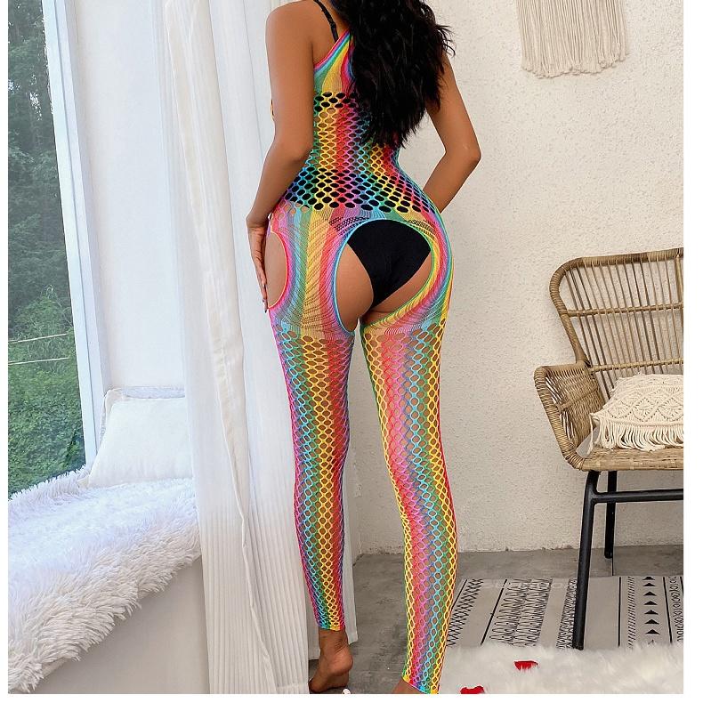 Colorful Stripes Sexy Hollow Stretch Porn Fishnet Erotic Lingerie for Women Female Crotchless Teddy Bodystockings Erotic Adult Female Sex Game Costume