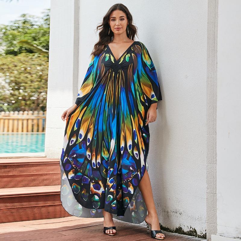 Женская мода весна осень цветные блоки принт длинный рукав V-образный вырез свободная талия повседневные платья