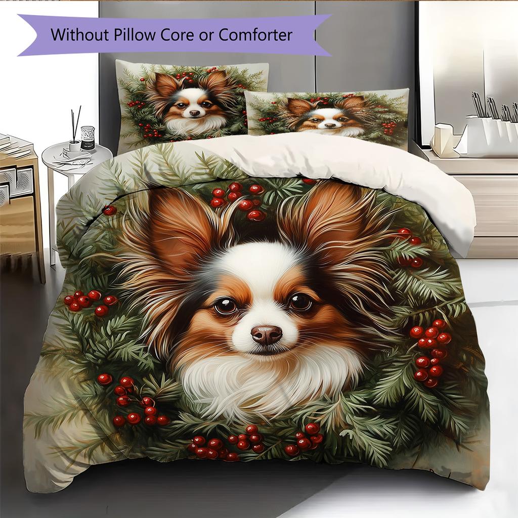 Holly Wreath Cat and Dog Pattern Bedding Quilt Set Quilt Cover Pillowcase Home Decoration Gift (1 * duvet cover + 2 * pillowcase, without core)