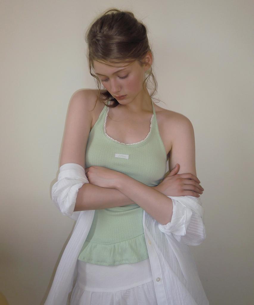 LETTER FROM MOON Letters Frill Label Halterneck Top (Mint)