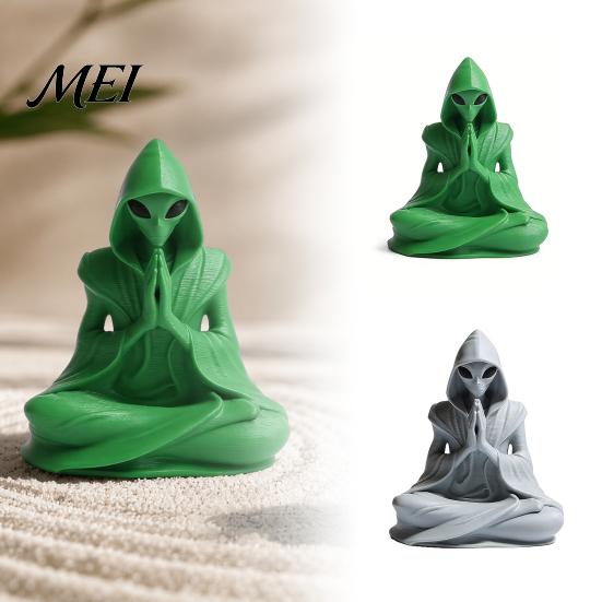 Matte Gray Meditation Figure 3D Printed Alien Statue, Zen Desk Decor Ornament, Sci-fi Sculpture Cute Extraterrestrial Figurine for Home Office, Sci Fi
