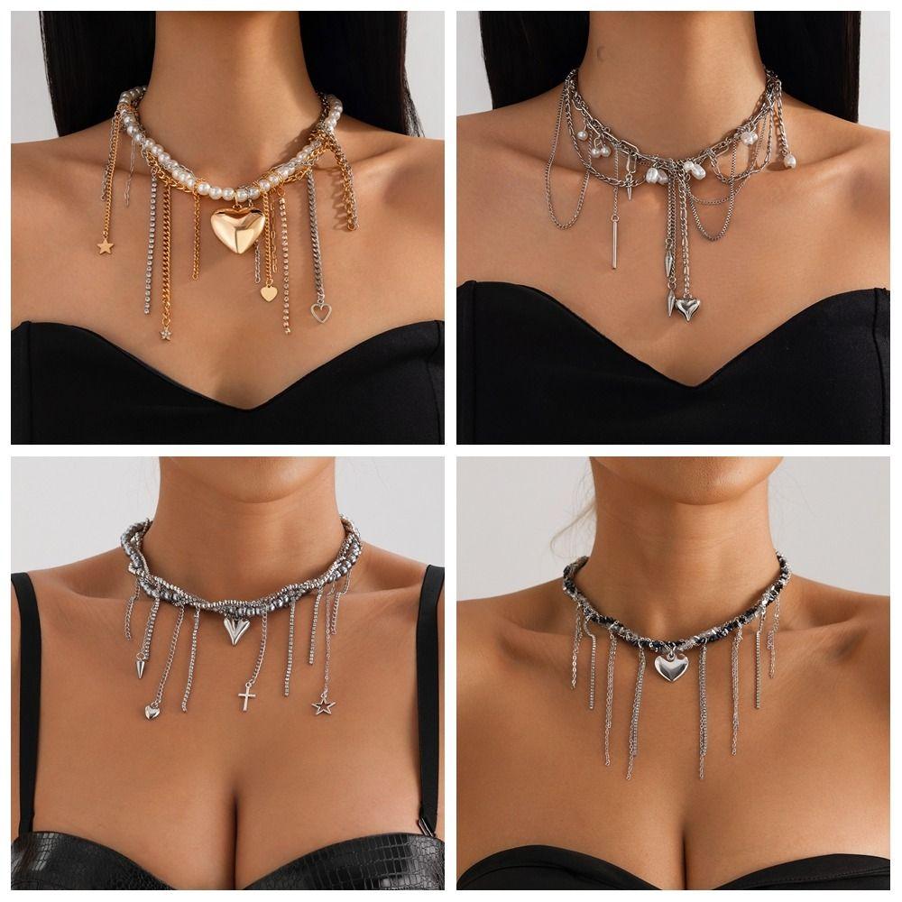 Metal Chain Love Heart Pendant Choker Trendy Goth Style Necklace Multilayer Tassel Necklace  Lady