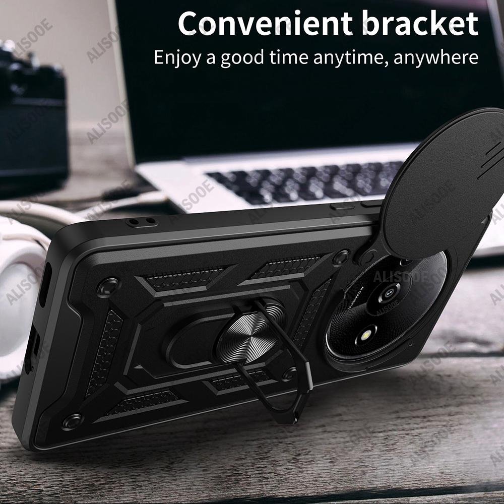 Funda для Redmi A3 Чехол Slide Camera Lens Protection Armor Ring Stand Защитный чехол для Xiaomi Redmi A3 Противоударный чехол