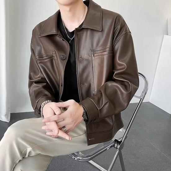 Мужская куртка с лацканами, длинными рукавами, карманами-клапанами, однобортная куртка, пальто, однотонная, свободная, водонепроницаемая, теплая, из искусственной кожи