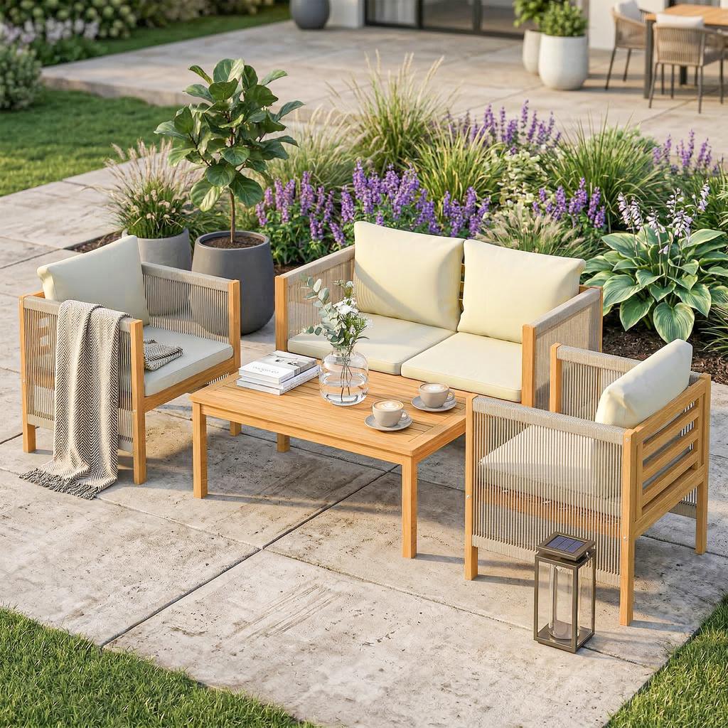 Garden Furniture Set Wood Seating Group for 4 People with 2-Seater Sofa 2 Armchairs Table Rope Weave Slat Design Washable Cushions