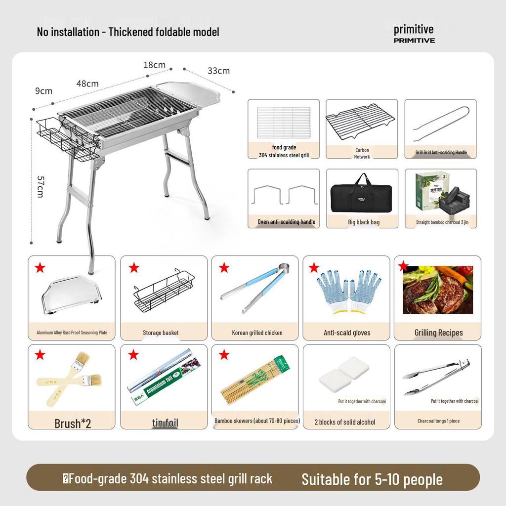 Большой портативный складной угольный гриль-барбекю из нержавеющей стали для использования на открытом воздухе и дома