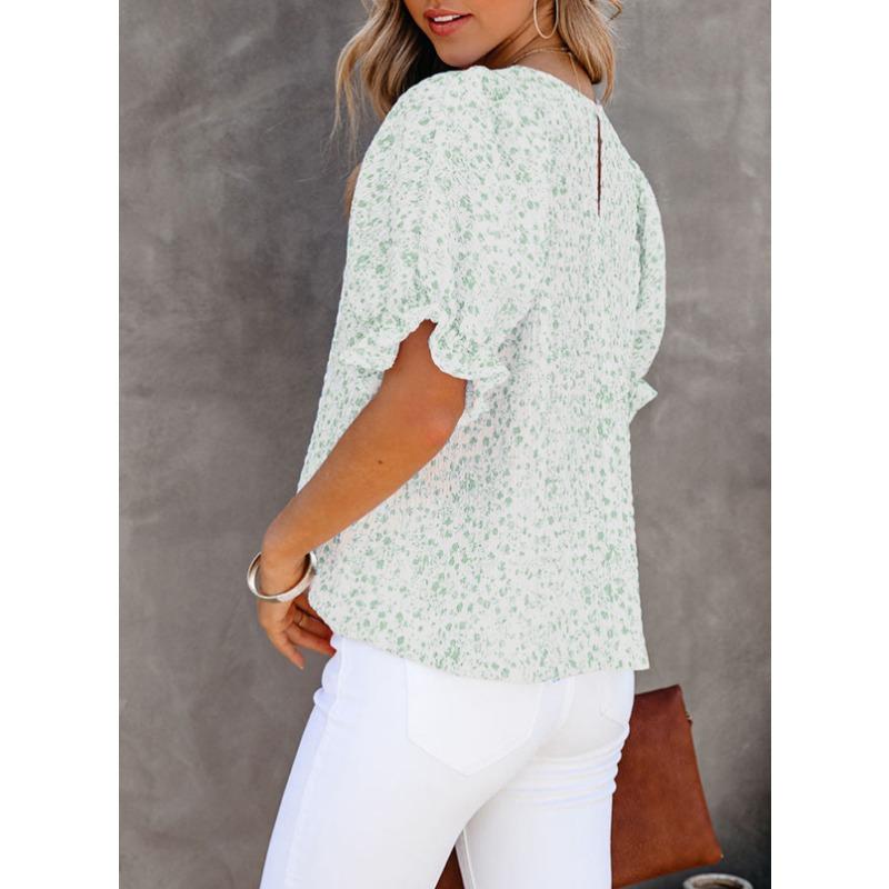 YYFS Женские модные повседневные летние весенние блузки и рубашки с цветочным узором и коротким рукавом с круглым вырезом