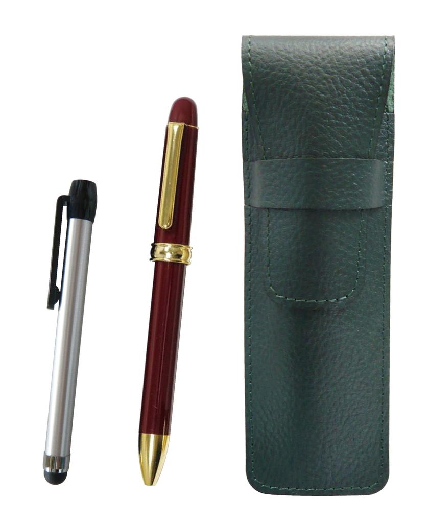 Пенал из зернистой кожи Мохово-зеленый Металлическая сенсорная панель Серебристая и вращающаяся шариковая ручка Набор 2C600 Красный 2-цветный SASMG-ALST-2C600-R