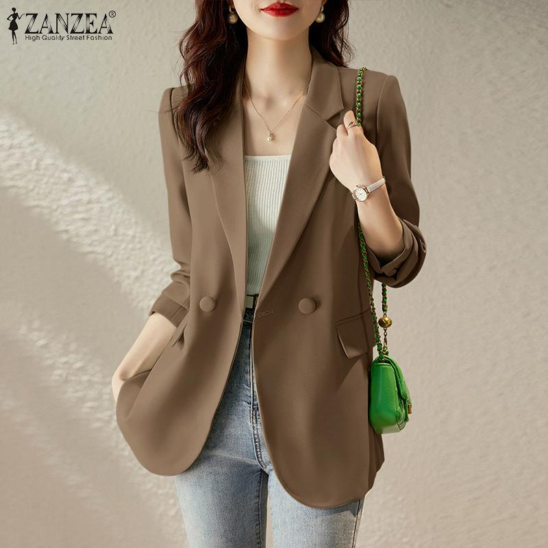 ZANZEA Женский повседневный офисный кардиган с длинным рукавом и отложным воротником, блейзер