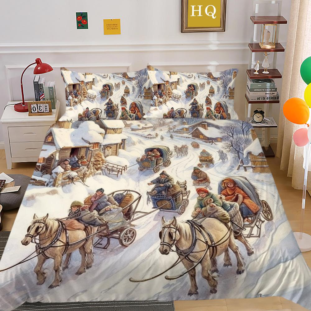 Рождественская карета, снежная сцена, 3D-принт, полиэстеровая наволочка, пододеяльник, набор из двух или трех предметов, можно