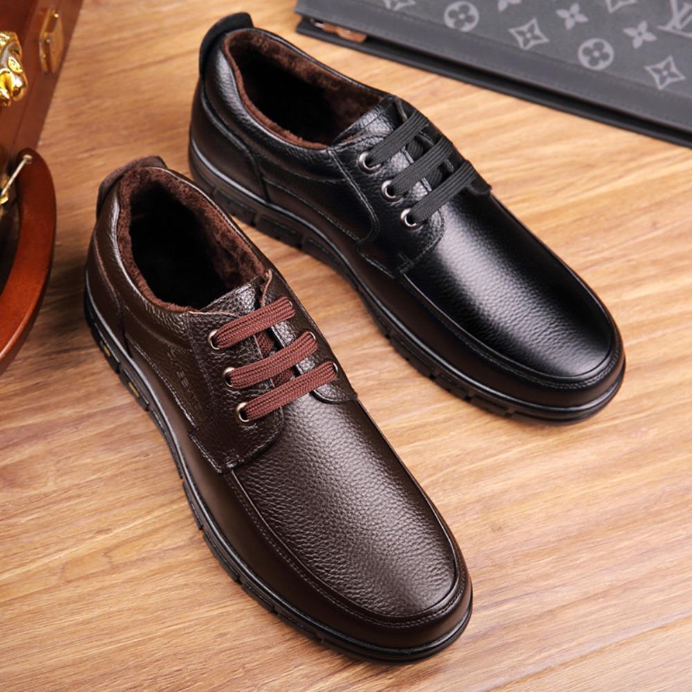 Winter Warm Fur Lined Leather Shoes for Men Soft Sole Comfortable Casual Lace Up Shoes for Middle Aged Dad