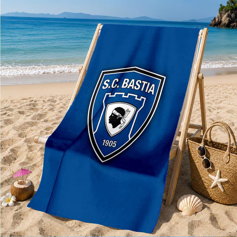 Пляжное полотенце с гербом футбольного клуба SC Bastia, Быстросохнущее, Легко ухаживать, Подходит как для занятий спортом, так и для пляжного отдыха, Спортивный аксессуар