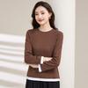Women's Spring Fashion Simple Crewneck Color Contrast False Two Comfortable Base Slim Fit Long Sleeved Top