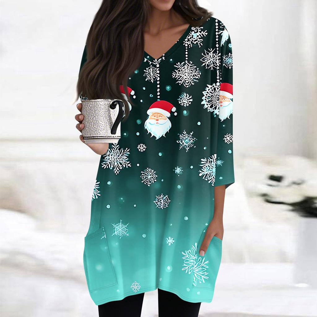 Женские топы с V-образным вырезом и рукавом 3/4, повседневные блузки средней длины, модные туники с рождественским принтом и карманами