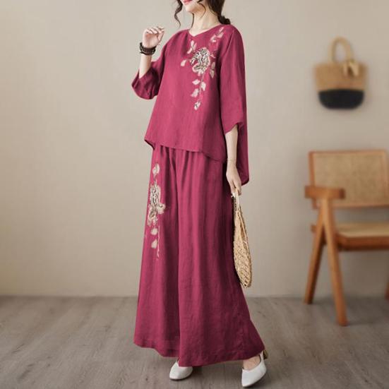 Женские костюмы-двойки с рукавом 3/4, винтажные вышитые рубашки, комплект брюк с широкими штанинами, летний повседневный комплект из хлопка и льна