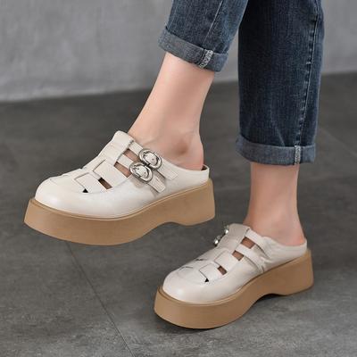 Женские уличные тапочки с круглым носком и полыми отверстиями, легкие сандалии из натуральной кожи на толстой подошве