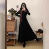 French Hepburn style small black dress bow long-sleeved dress women's autumn and winter slim and thin medium and long skirt