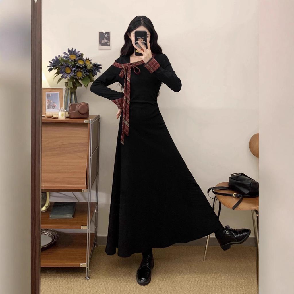 French Hepburn style small black dress bow long-sleeved dress women's autumn and winter slim and thin medium and long skirt