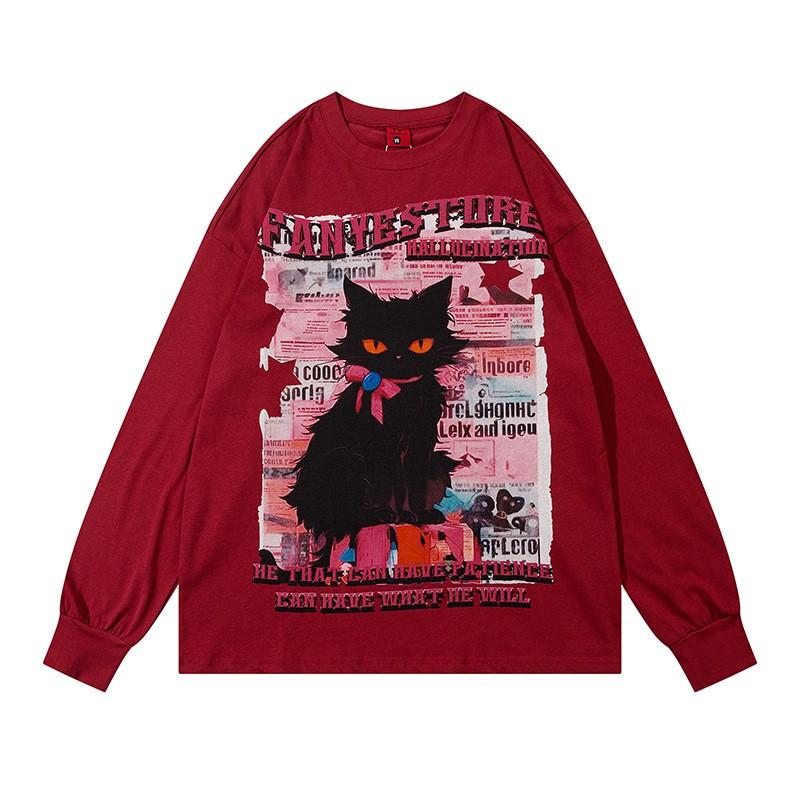 Oversized Unisex Retro Cat Print Sweatshirt Loose Fit Long Sleeve Streetwear Top Winter