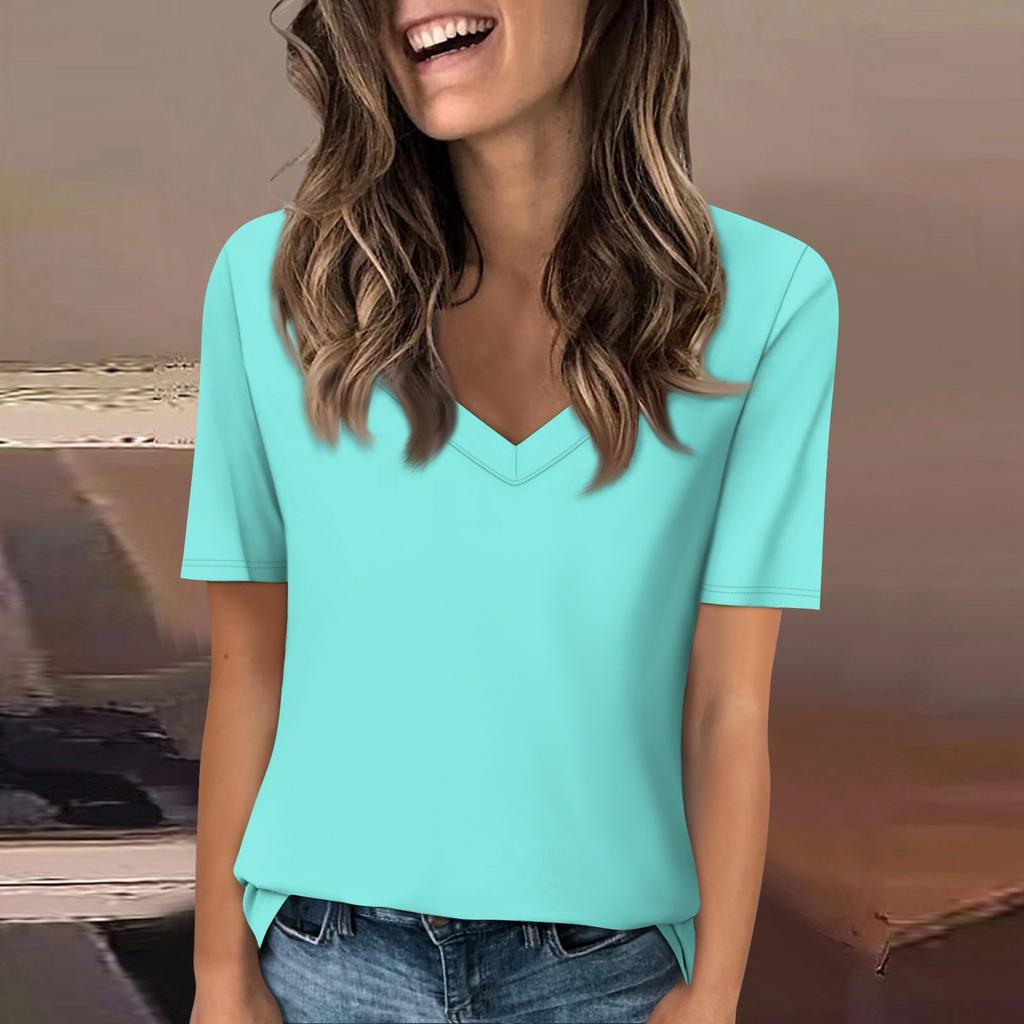 Женская футболка с v-образным вырезом, топ с короткими рукавами, повседневная однотонная футболка