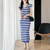 Женская мода лето весна полосатый принт V-образный вырез тонкий повседневные платья
