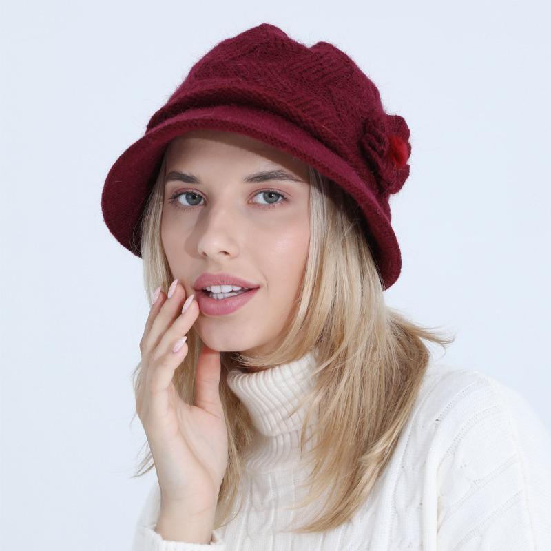 Knitted Hat Women's Autumn Winter Flower Fashion Mom Rabbit Wool Pot Hats & Caps with Thick Velvet Warmth Hat