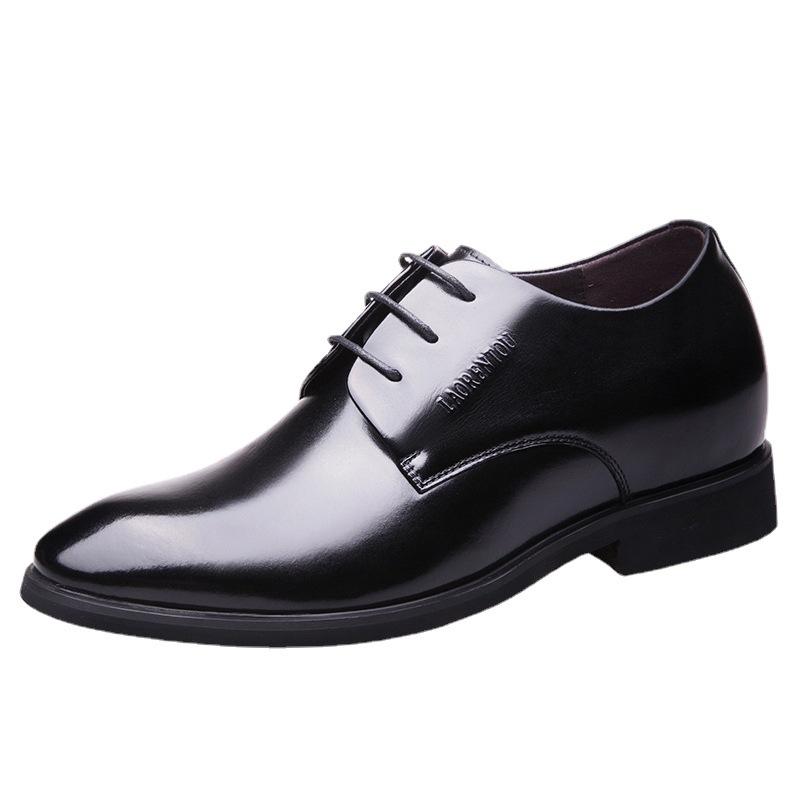 Туфли мужские кожаные в стиле business casual бренда Old man head, увеличивающие рост, из кожи первого слоя, на шнуровке, с круглым носком, черные