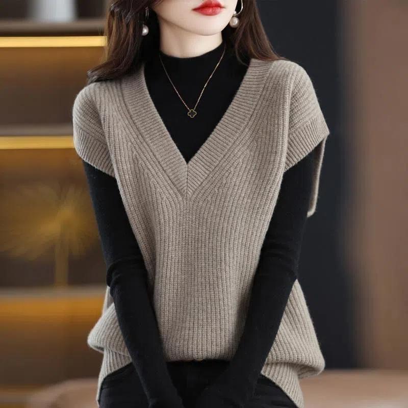 Knit Vest Women's V-neck Solid Color Top Loose Casual Pullover Pull Jumper Sleeveless Ted Bat Shirt All-match Harajuku Commuting Spring Autumn