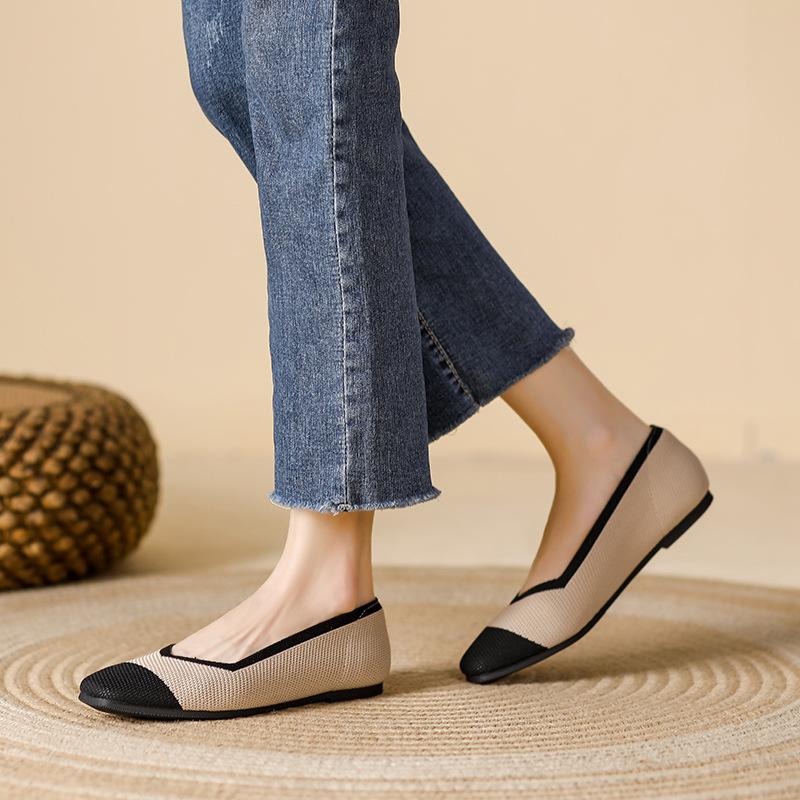 Women's Casual Flats Comfortable Walking Flat Shoes Square Toe Ballet Flats Non-Slip Knitted Work Loafers Shoes Lightweight Dress Shoes for Women