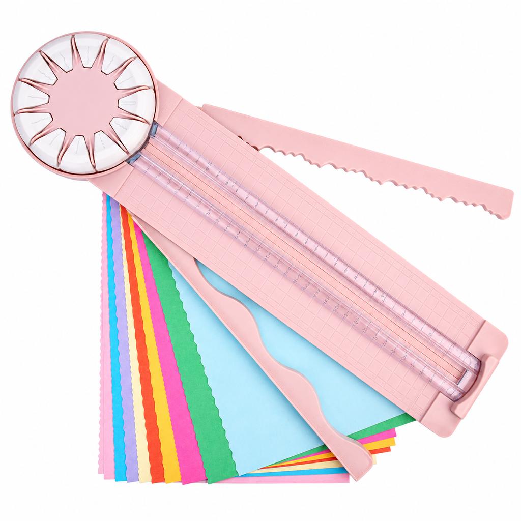 12-in-1 Paper Cutter, Manual Rolling Paper Trimmer for A4, 12 Pattern Blades with 360 deg Rotation, Pink/Black