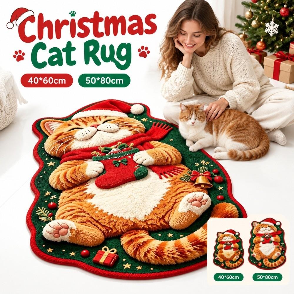 Plush Sleeping Cat Floor Mat Red and Green Cartoon Doormat Carpet Entryway Decor