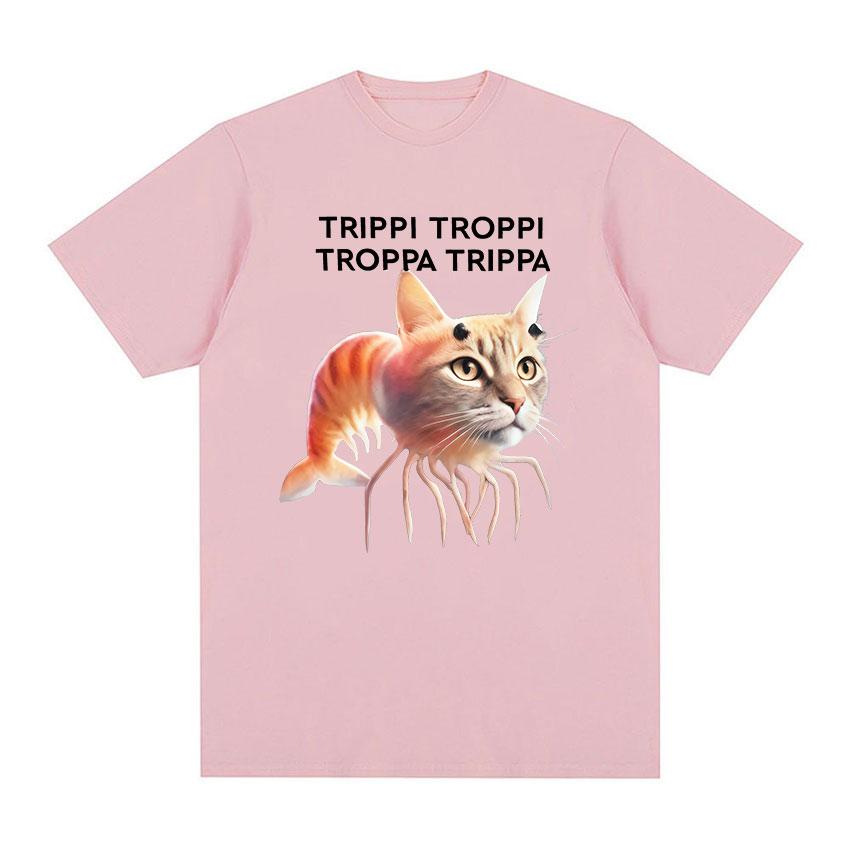 Летние футболки 2025 Trippi Troppi Кот Креветки Смешной Мем Итальянский Brainrot Юмор Футболки с коротким рукавом 100% Чистый Хлопок Печатная Футболка
