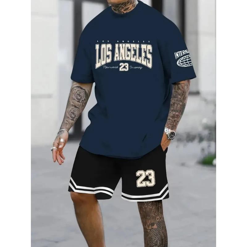 Мужские спортивные шорты с короткими рукавами, повседневный комплект из двух предметов, уличный дневник, Харадзюку, свободный цифровой принт, лето,