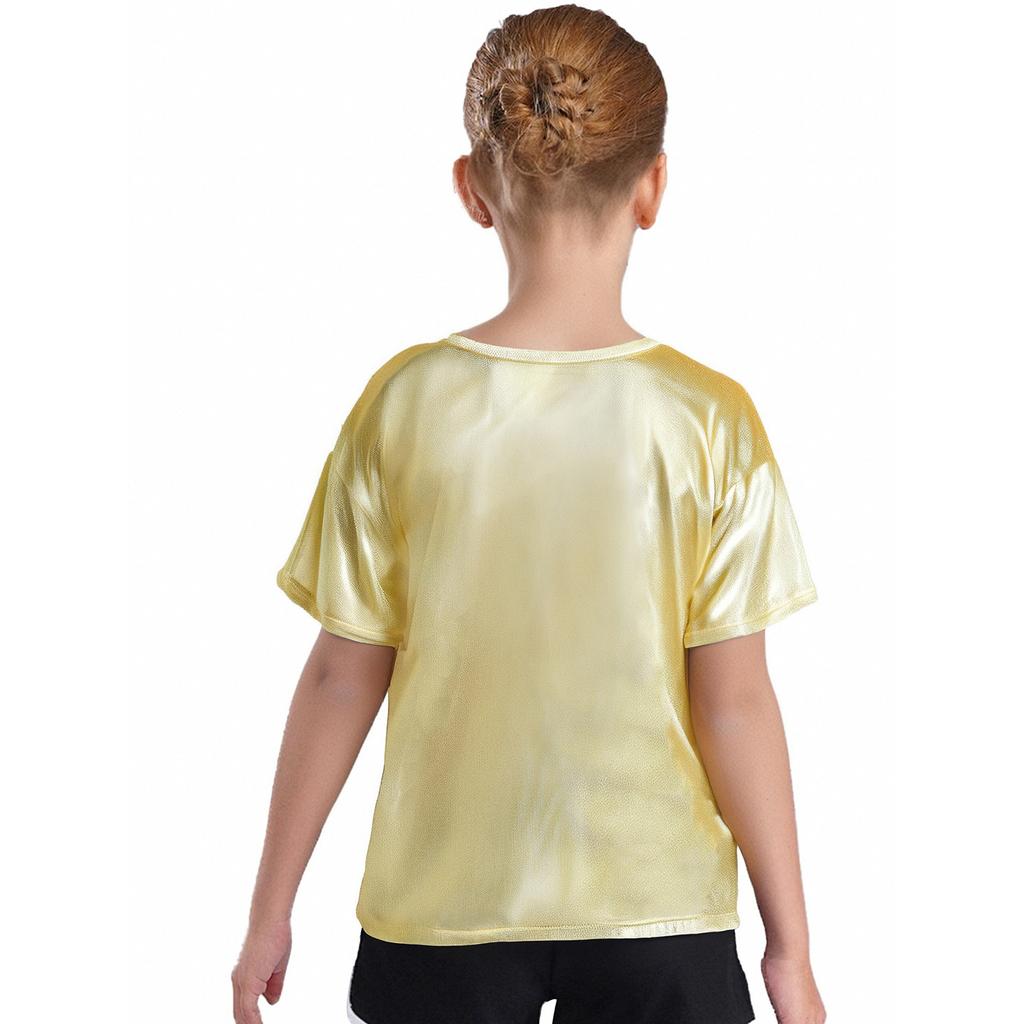 Unisex Kids Metallic Shiny Jazz Dance Top Sparkly T-shirt Performance Wear Boys Girls Dance Class Outfit