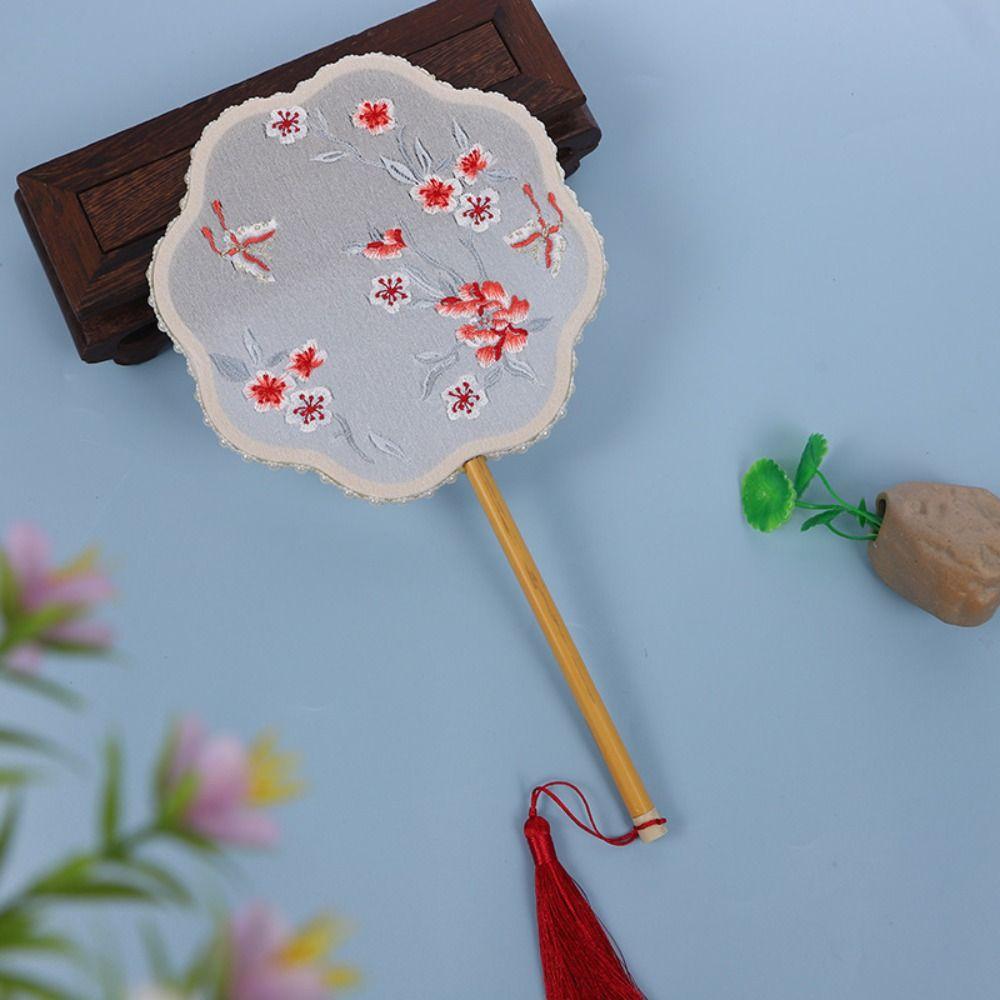 Классический круглый веер в китайском стиле, винтажный вышитый шелковый веер, двусторонний с кисточкой, ручной веер для женщин