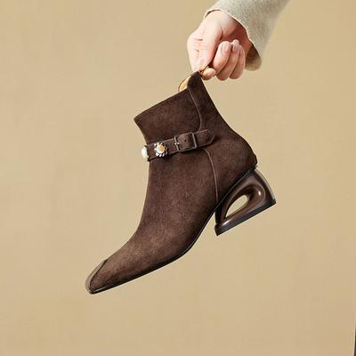 Модные НОВЫЕ Зимние Женские Ботинки Квадратный Носок Необычный Каблук Обувь Обувь из Овчины Замши для Женщин Ботильоны на Молнии Элегантные Современные Ботинки